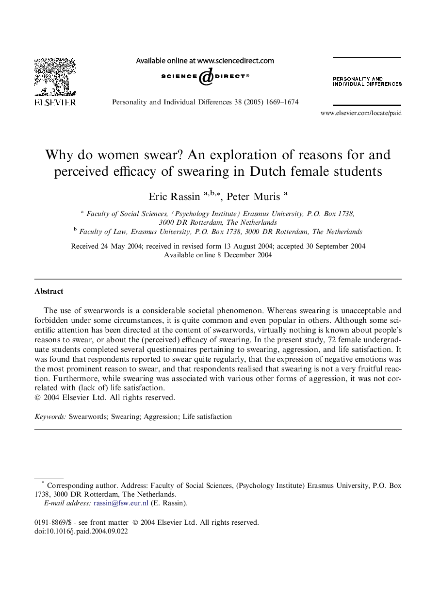 Why do women swear? An exploration of reasons for and perceived efficacy of swearing in Dutch female students