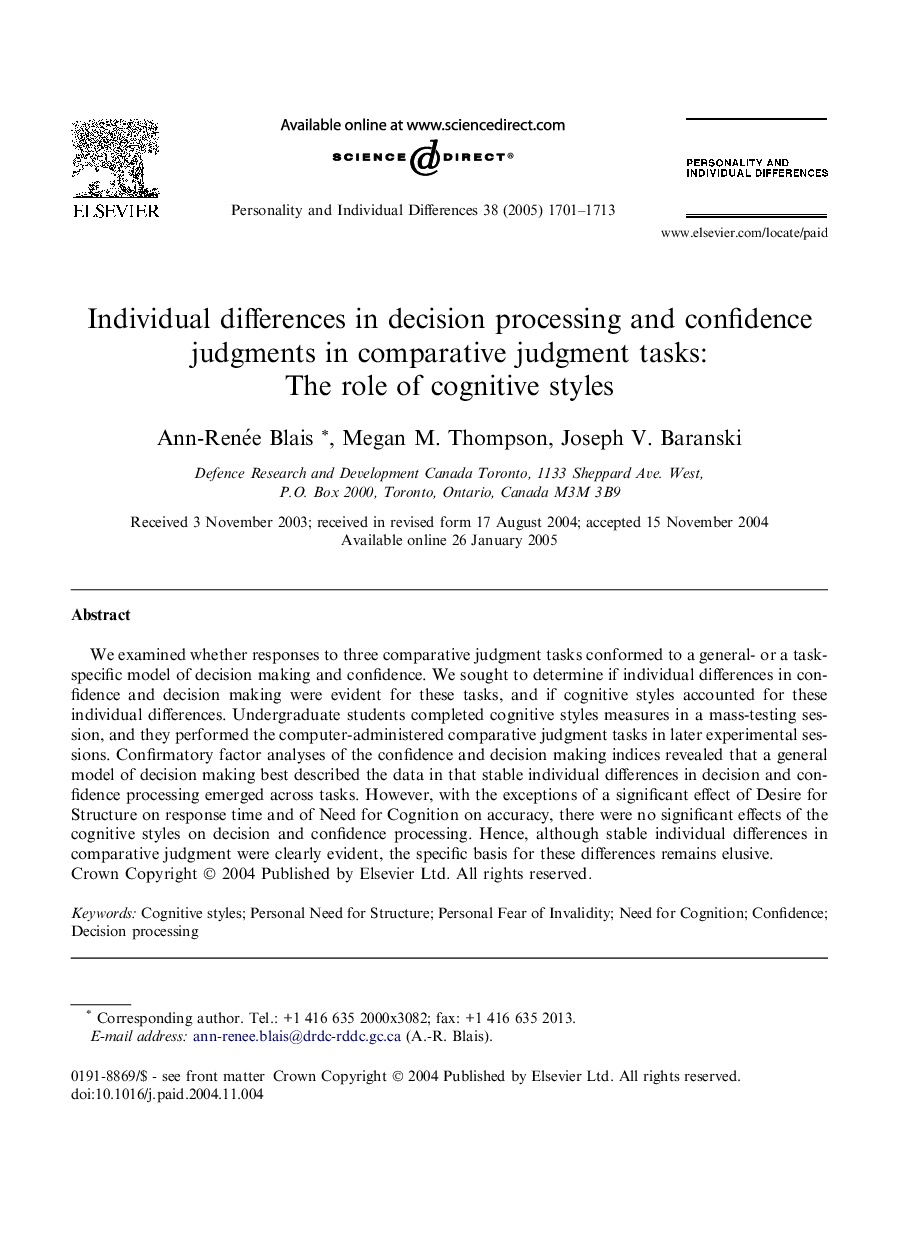 Individual differences in decision processing and confidence judgments in comparative judgment tasks: The role of cognitive styles