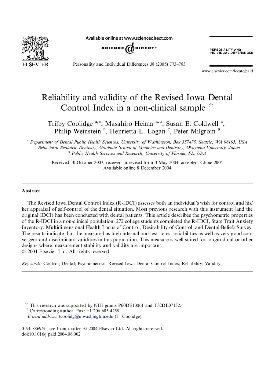 Reliability and validity of the Revised Iowa Dental Control Index in a non-clinical sample