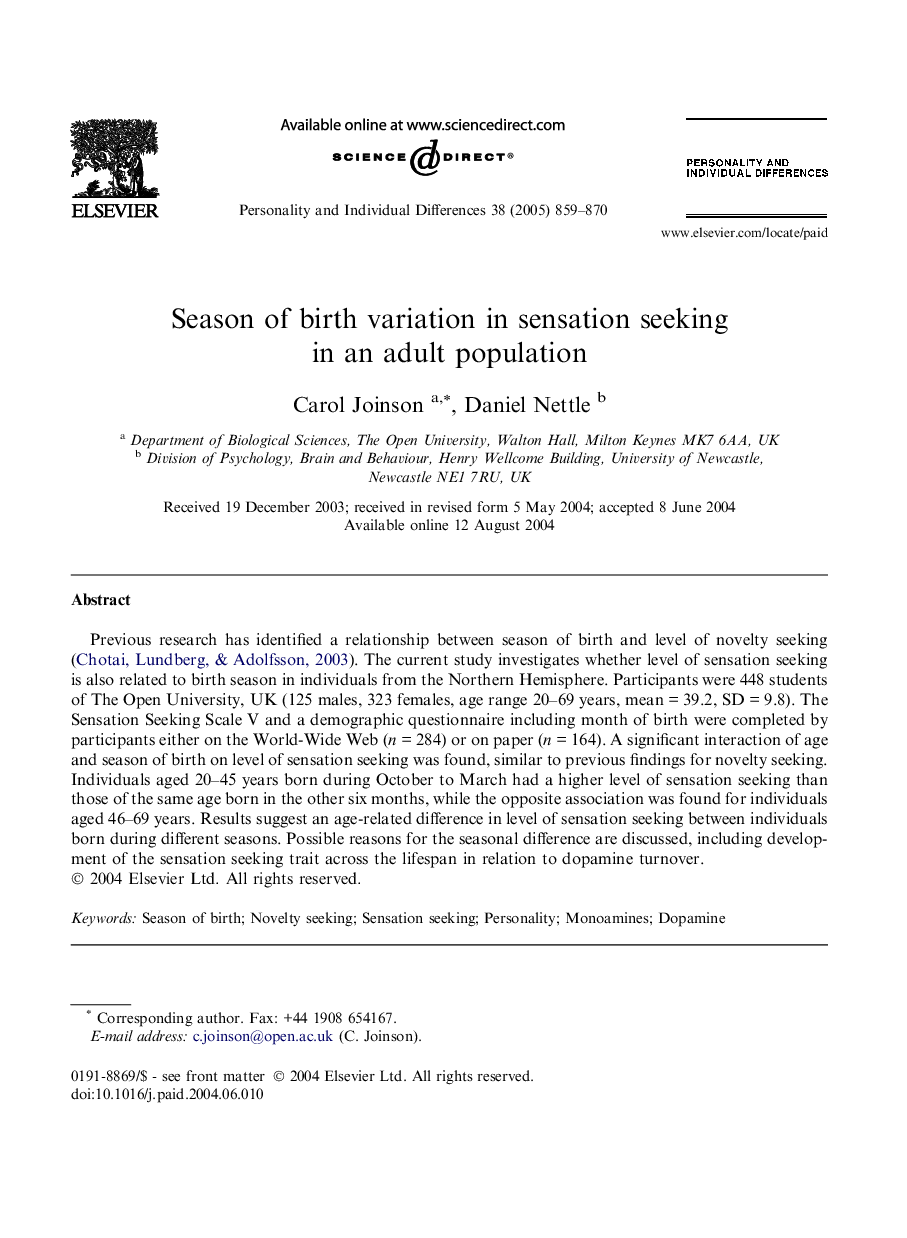 Season of birth variation in sensation seeking in an adult population