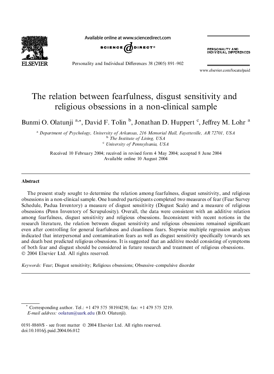 The relation between fearfulness, disgust sensitivity and religious obsessions in a non-clinical sample