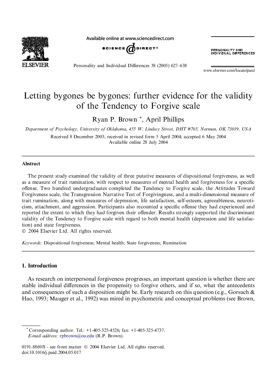 Letting bygones be bygones: further evidence for the validity of the Tendency to Forgive scale