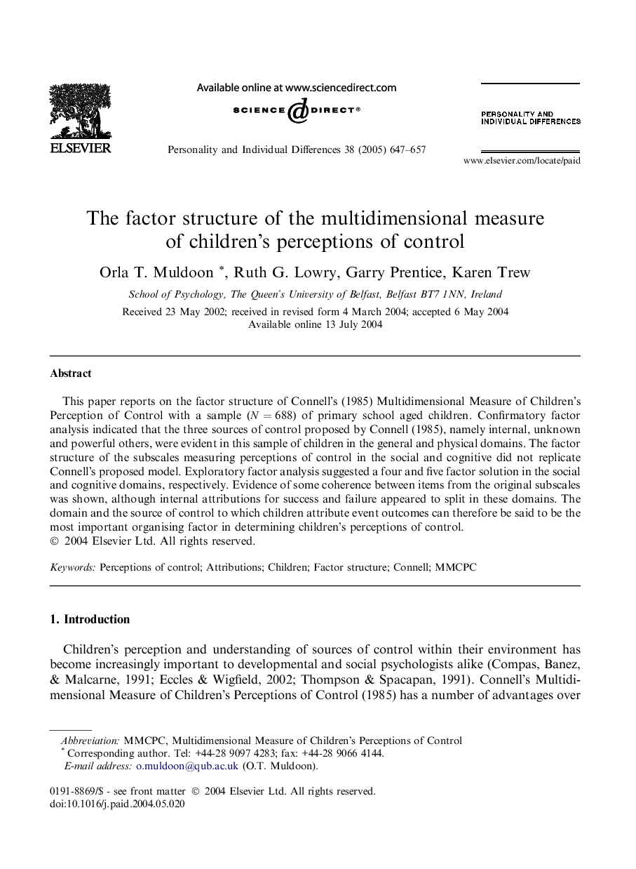 The factor structure of the multidimensional measure of children's perceptions of control