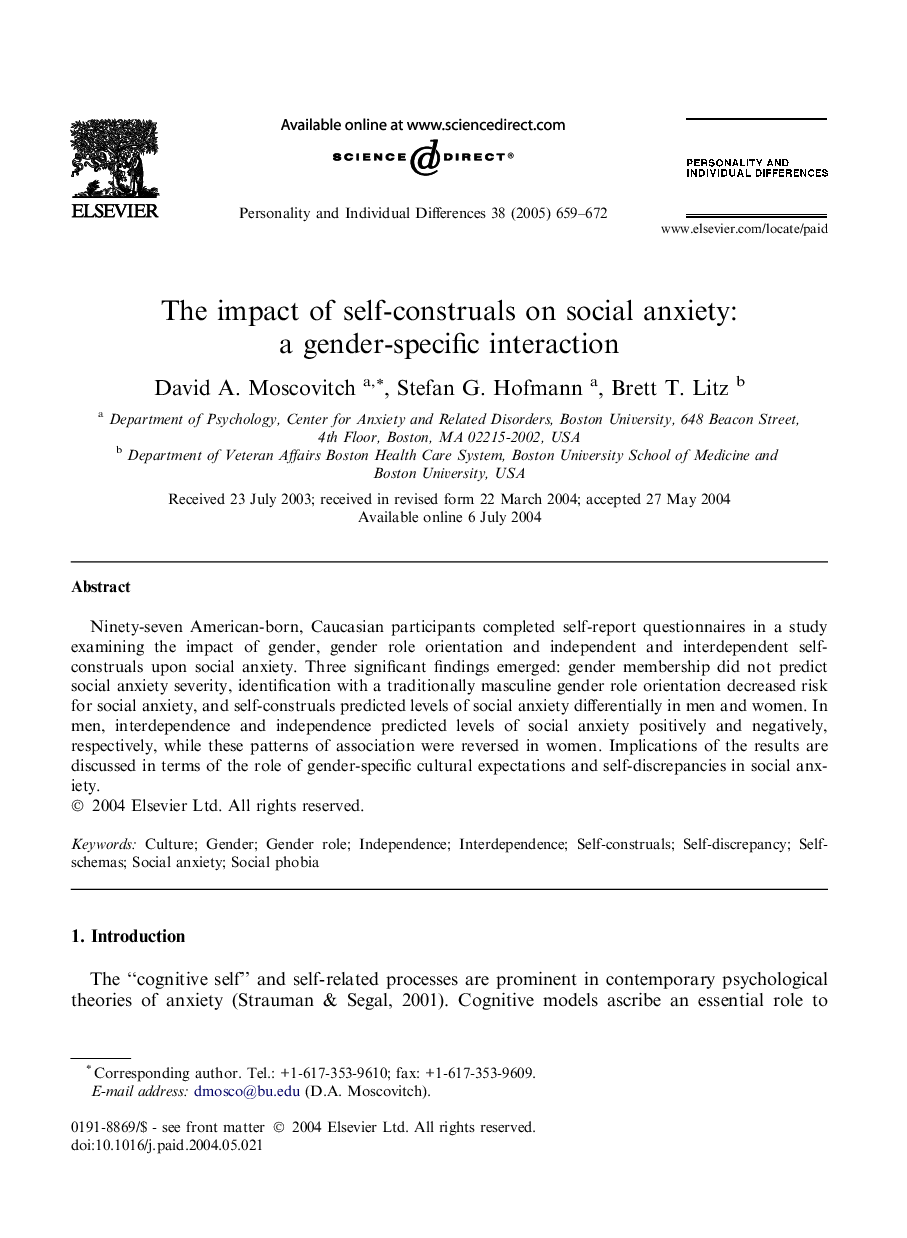 The impact of self-construals on social anxiety: a gender-specific interaction