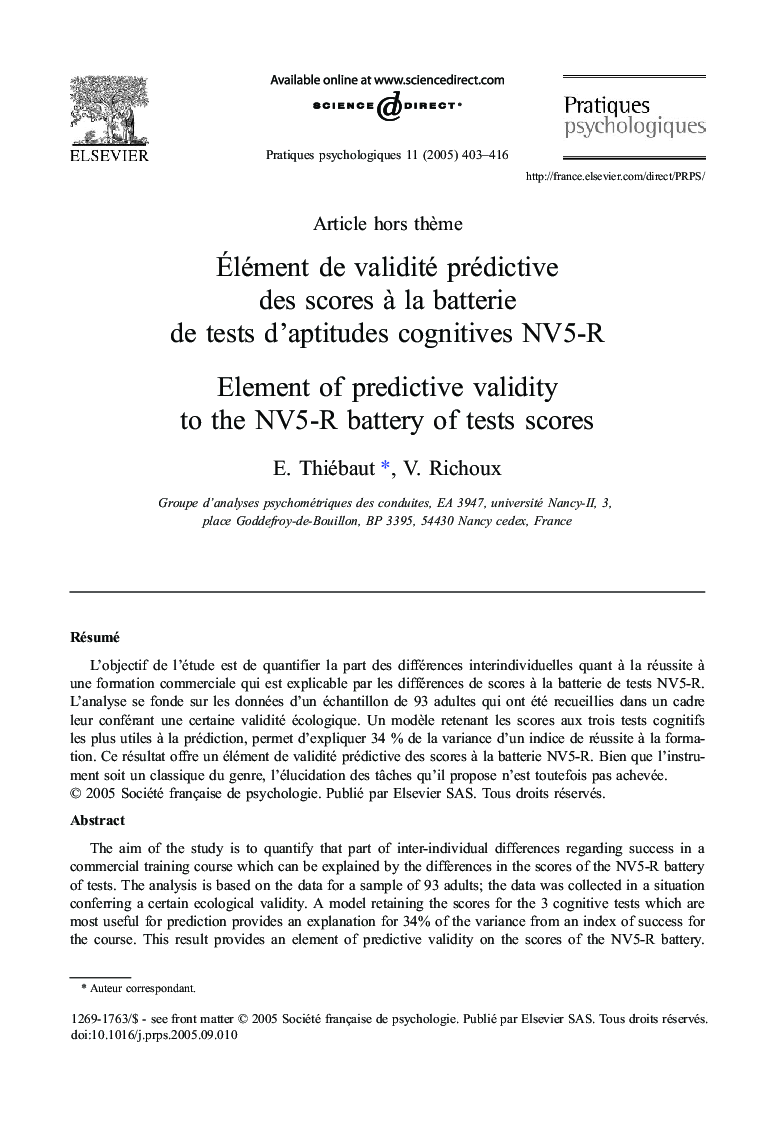 Ãlément deÂ validité prédictive desÂ scores Ã Â laÂ batterie deÂ tests d'aptitudes cognitives NV5-R