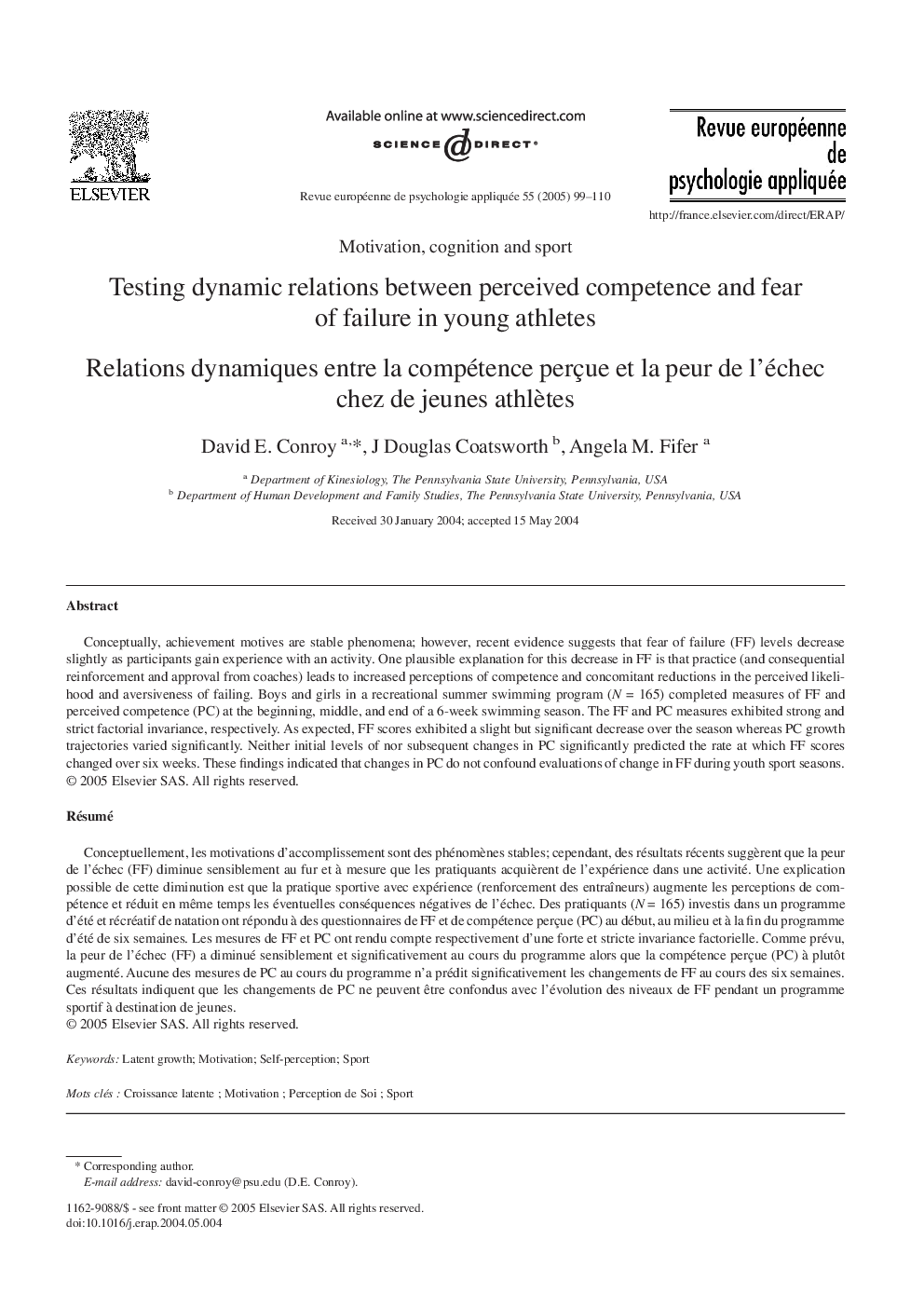 Testing dynamic relations between perceived competence and fear of failure in young athletes