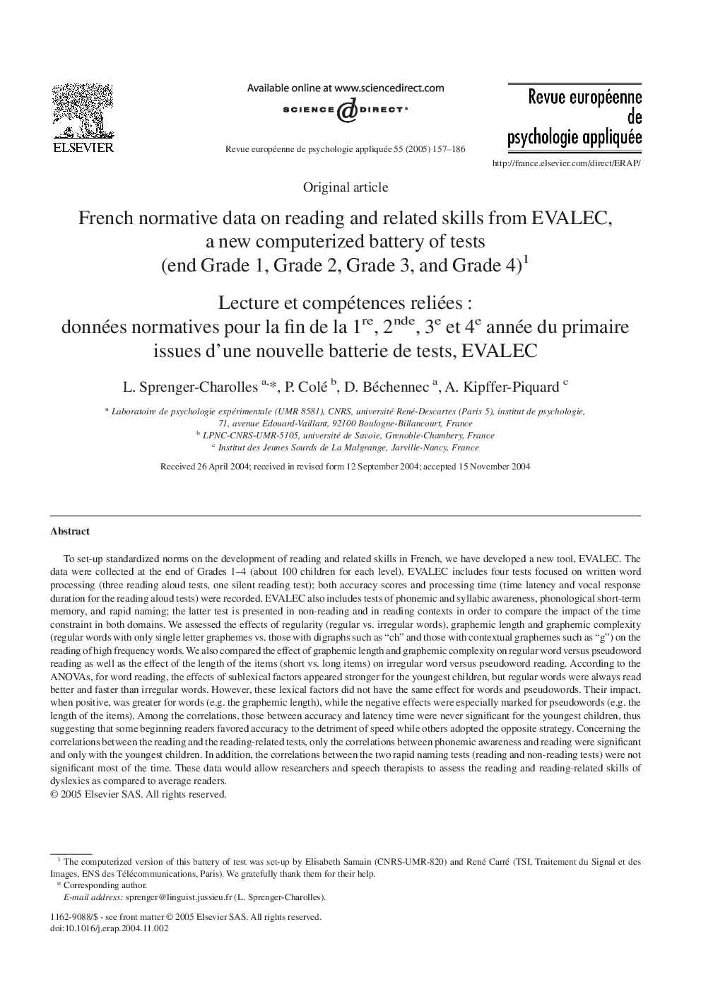 French normative data on reading and related skills from EVALEC, a new computerized battery of tests (end Grade 1, Grade 2, Grade 3, and Grade 4)1