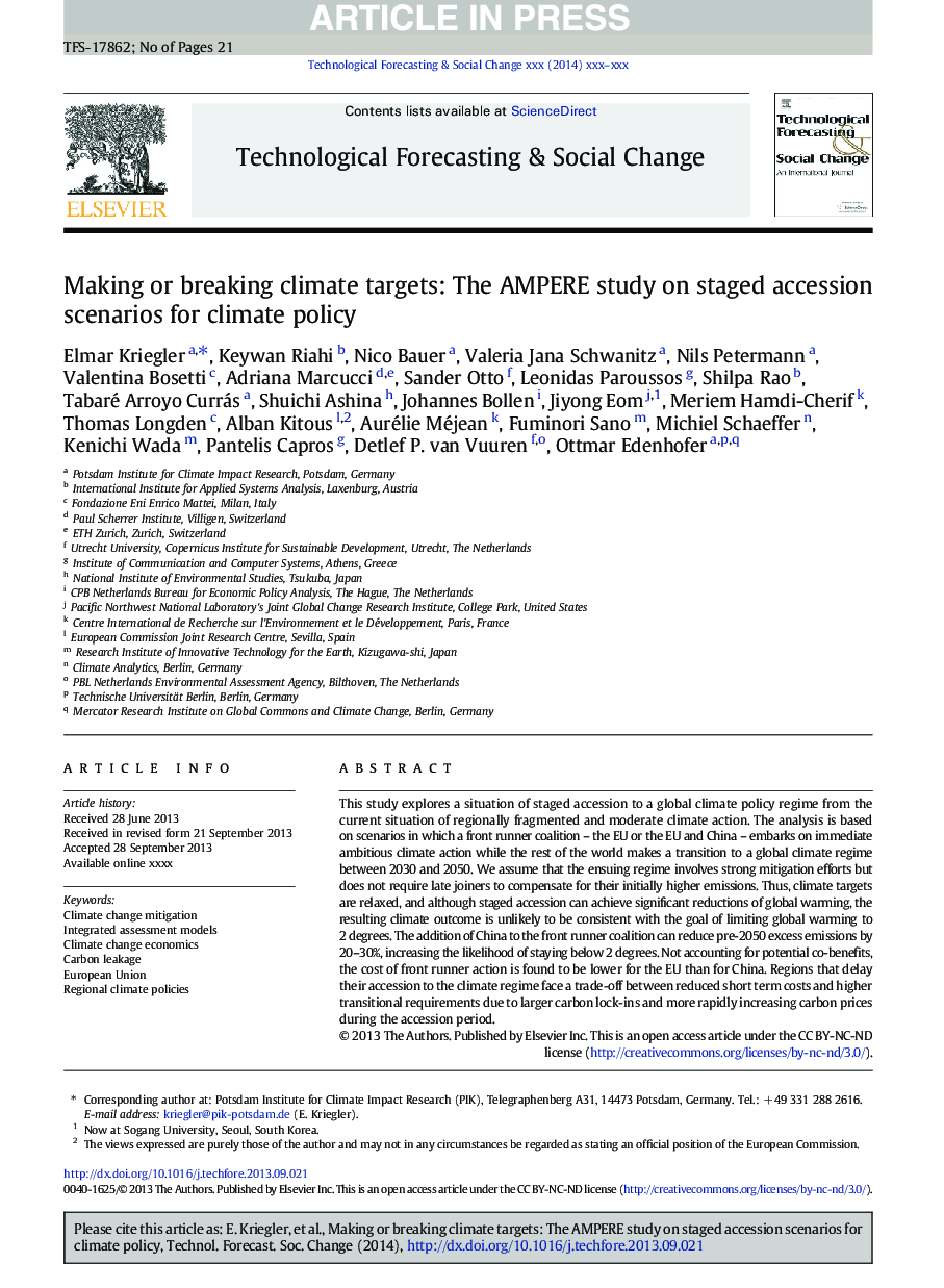 Making or breaking climate targets: The AMPERE study on staged accession scenarios for climate policy