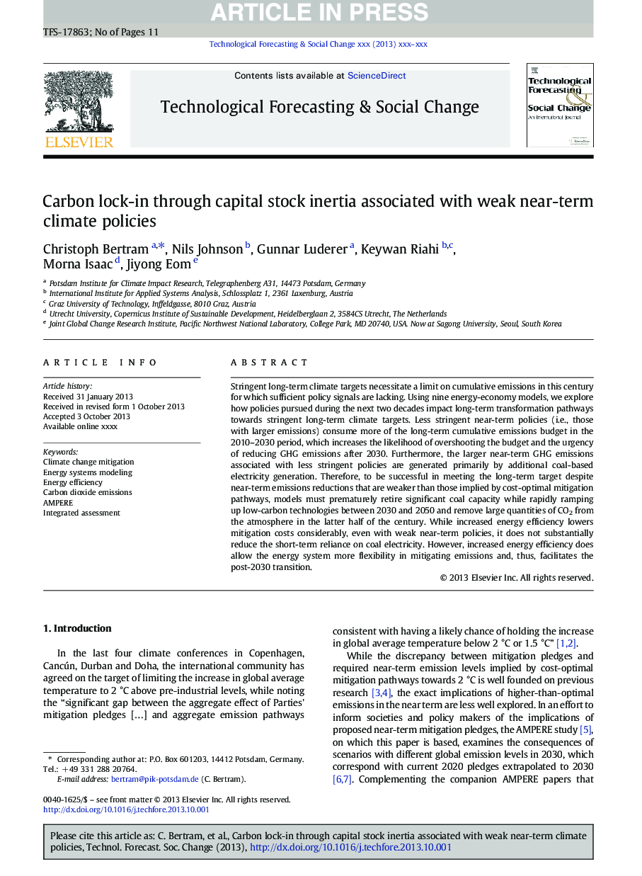 Carbon lock-in through capital stock inertia associated with weak near-term climate policies