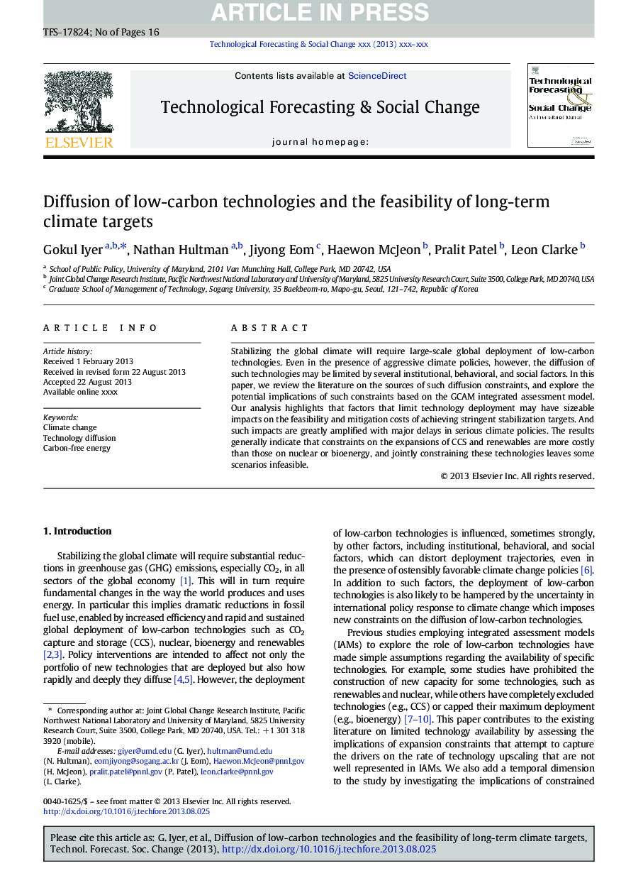 Diffusion of low-carbon technologies and the feasibility of long-term climate targets