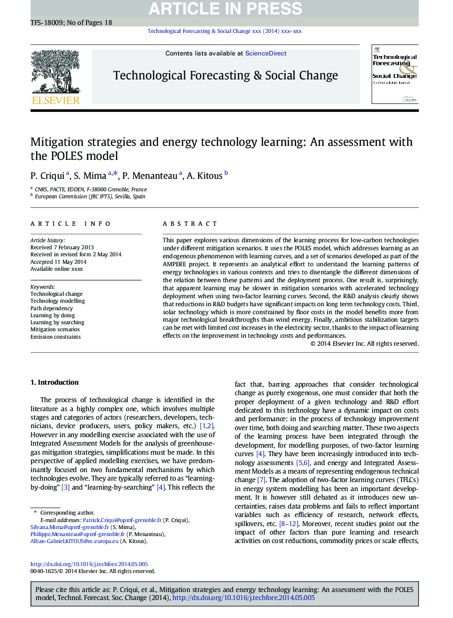 Mitigation strategies and energy technology learning: An assessment with the POLES model