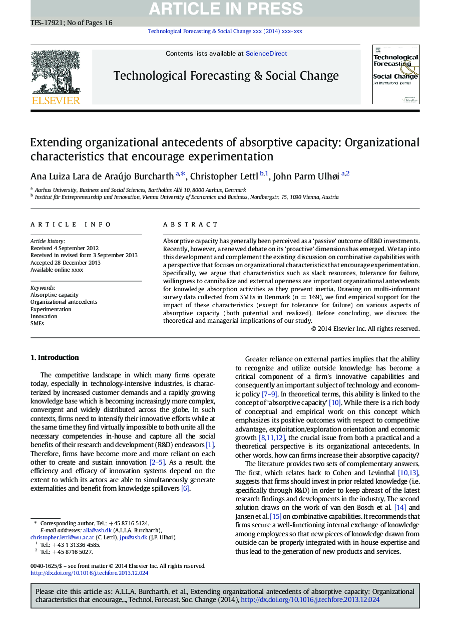 Extending organizational antecedents of absorptive capacity: Organizational characteristics that encourage experimentation