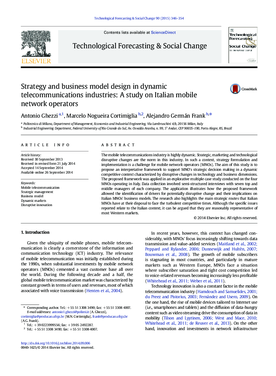 استراتژی و طراحی مدل بازرگانی در صنایع مخابرات دینامیک: مطالعه ای بر روی اپراتورهای شبکه موبایل ایتالیا