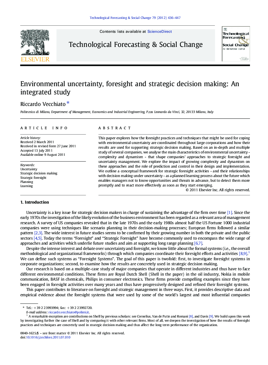 Environmental uncertainty, foresight and strategic decision making: An integrated study