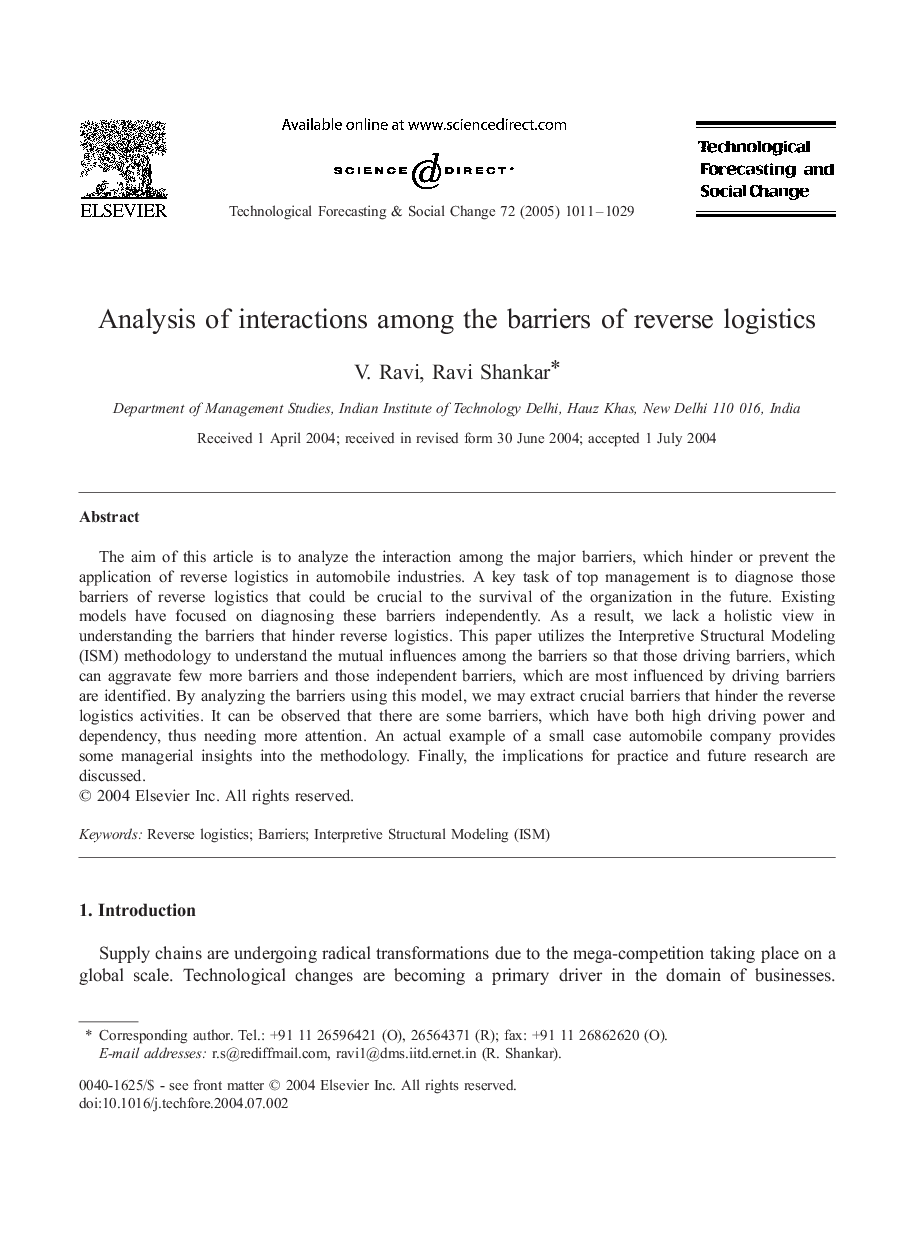 Analysis of interactions among the barriers of reverse logistics