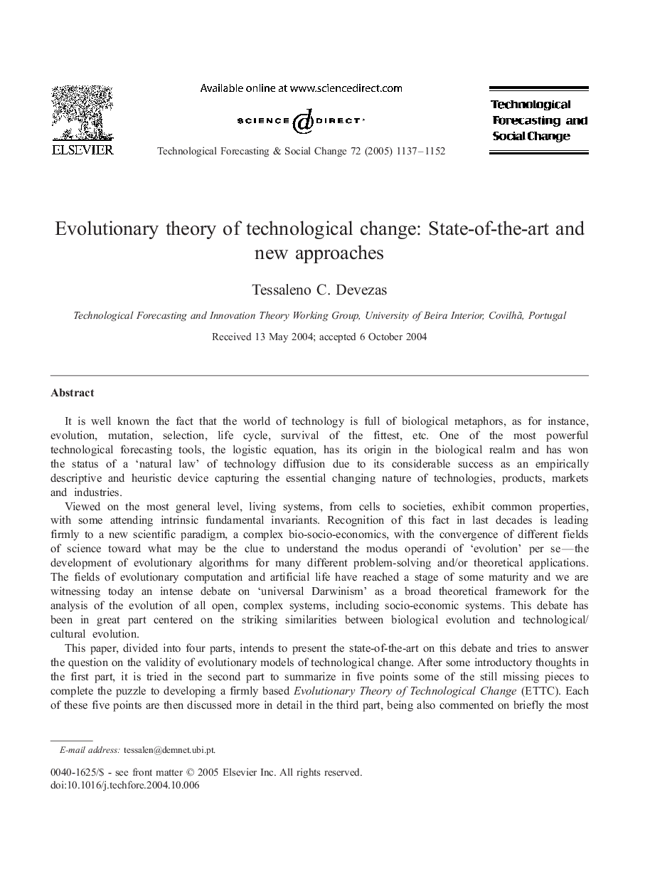 Evolutionary theory of technological change: State-of-the-art and new approaches