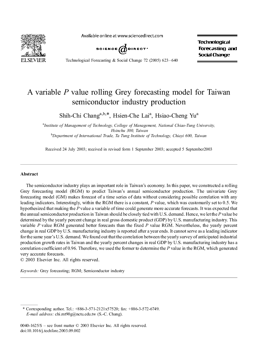 A variable P value rolling Grey forecasting model for Taiwan semiconductor industry production