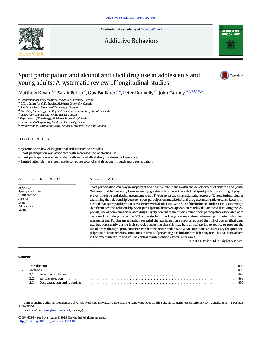 Sport participation and alcohol and illicit drug use in adolescents and young adults: A systematic review of longitudinal studies