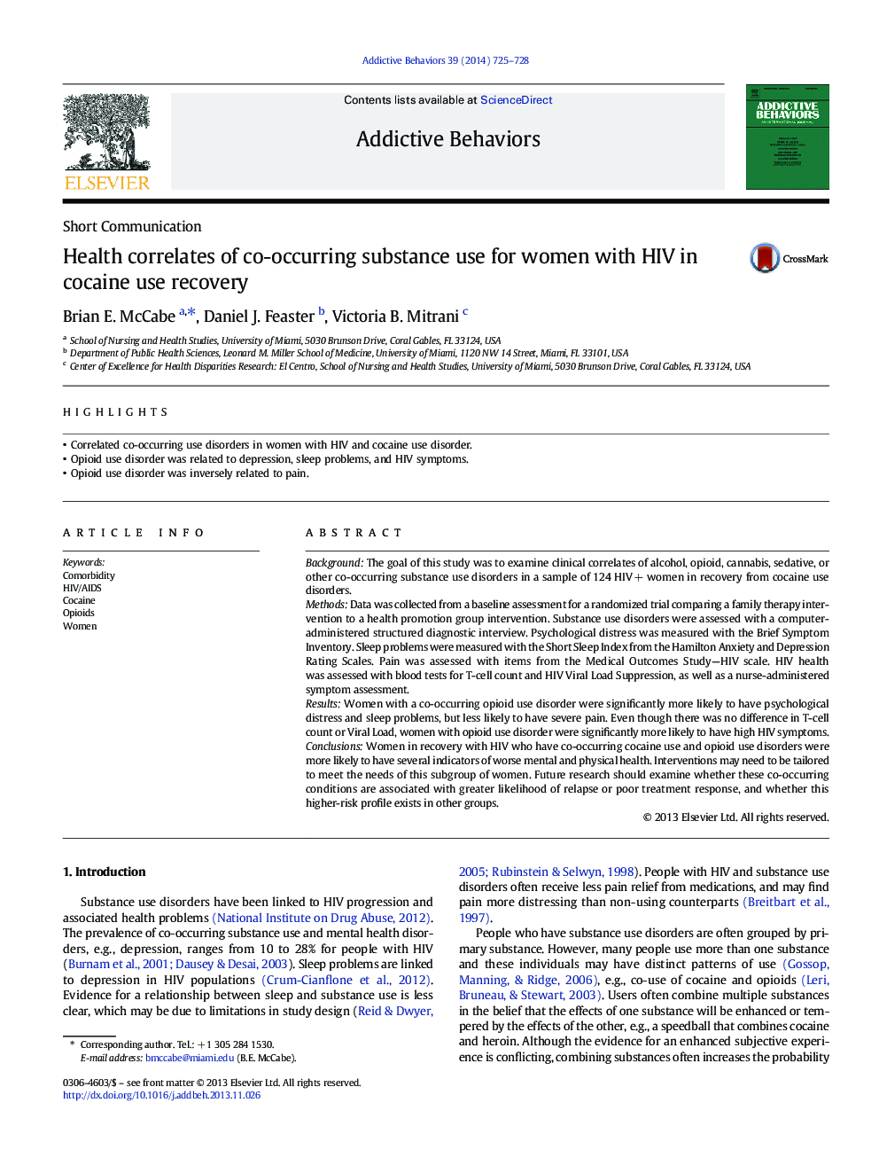Health correlates of co-occurring substance use for women with HIV in cocaine use recovery