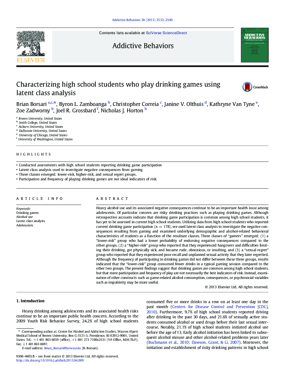 Characterizing high school students who play drinking games using latent class analysis
