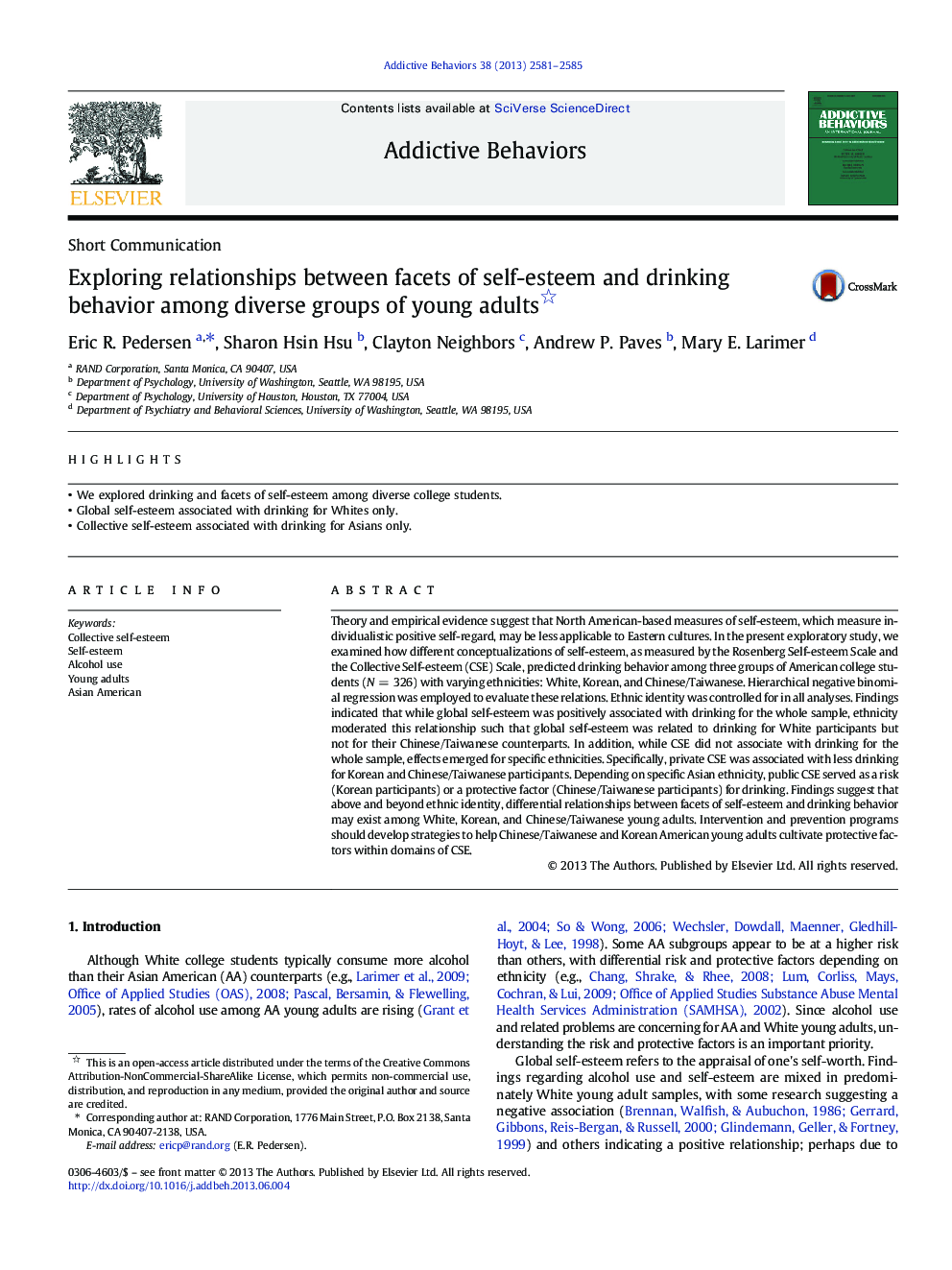 Exploring relationships between facets of self-esteem and drinking behavior among diverse groups of young adults