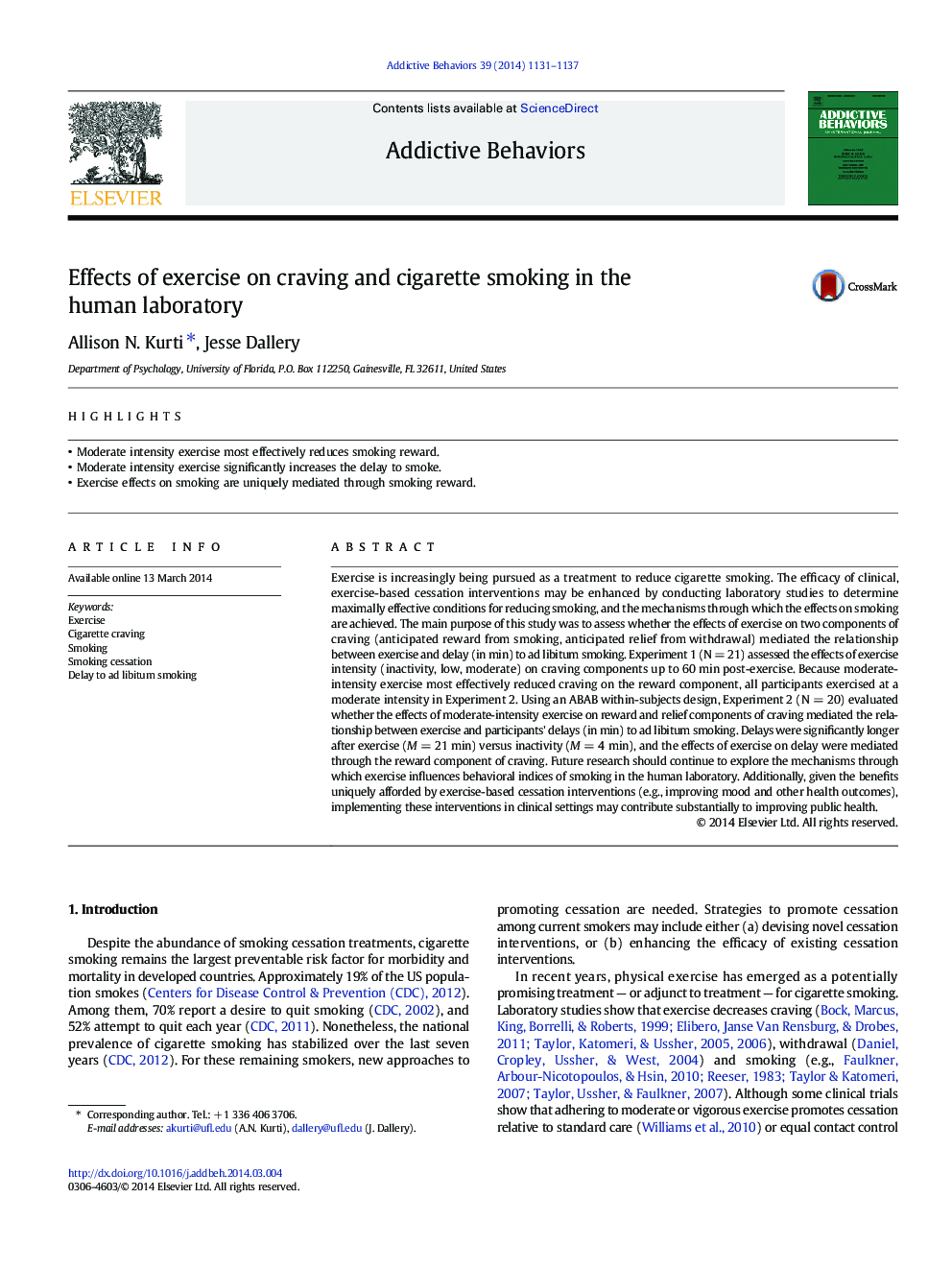 Effects of exercise on craving and cigarette smoking in the human laboratory