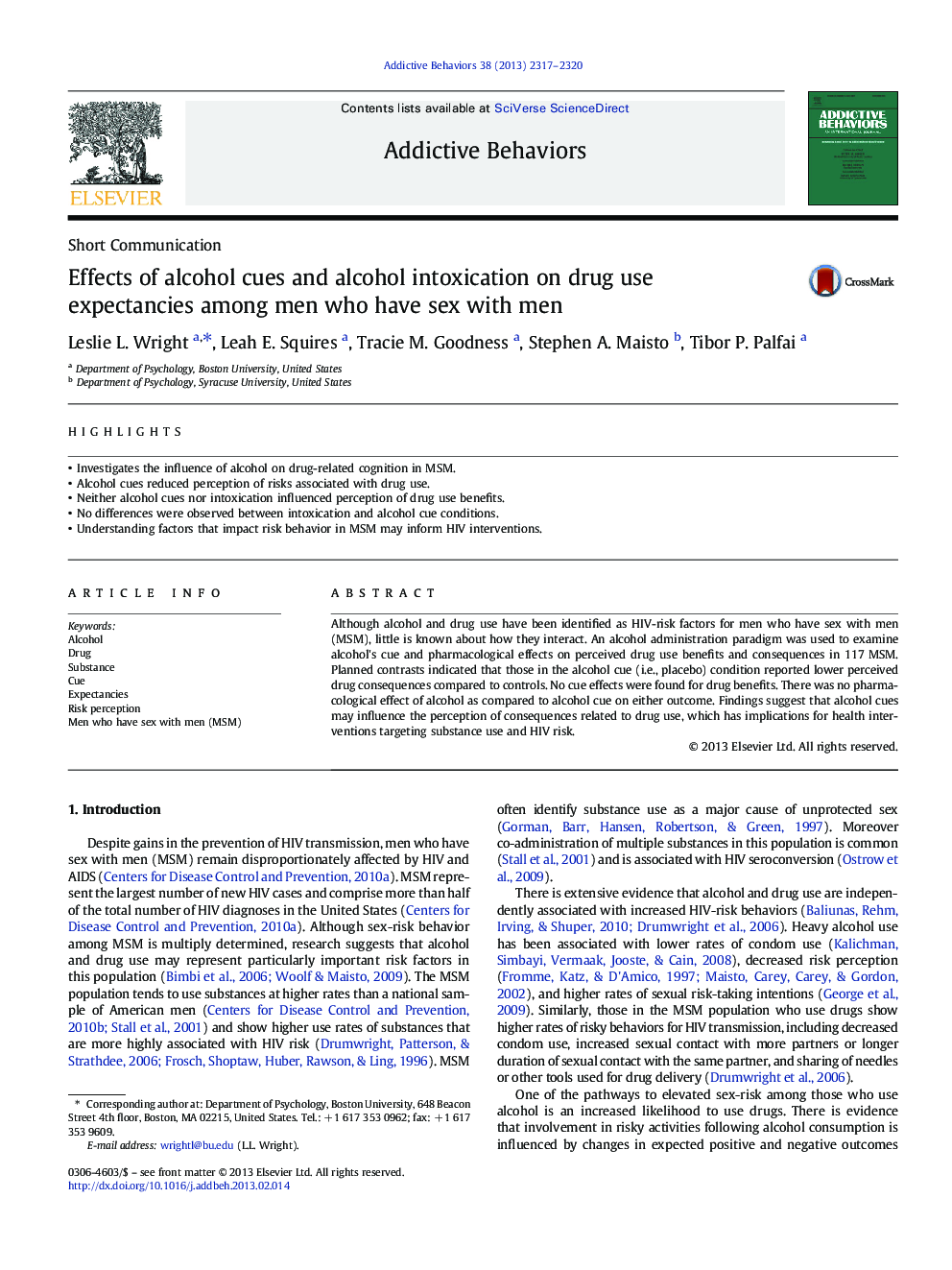 Effects of alcohol cues and alcohol intoxication on drug use expectancies among men who have sex with men