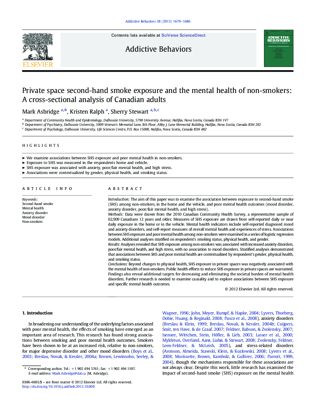 Private space second-hand smoke exposure and the mental health of non-smokers: A cross-sectional analysis of Canadian adults