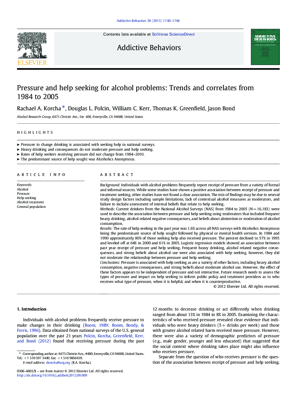 Pressure and help seeking for alcohol problems: Trends and correlates from 1984 to 2005