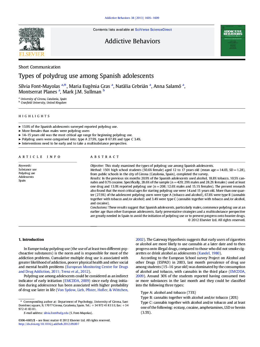 Types of polydrug use among Spanish adolescents