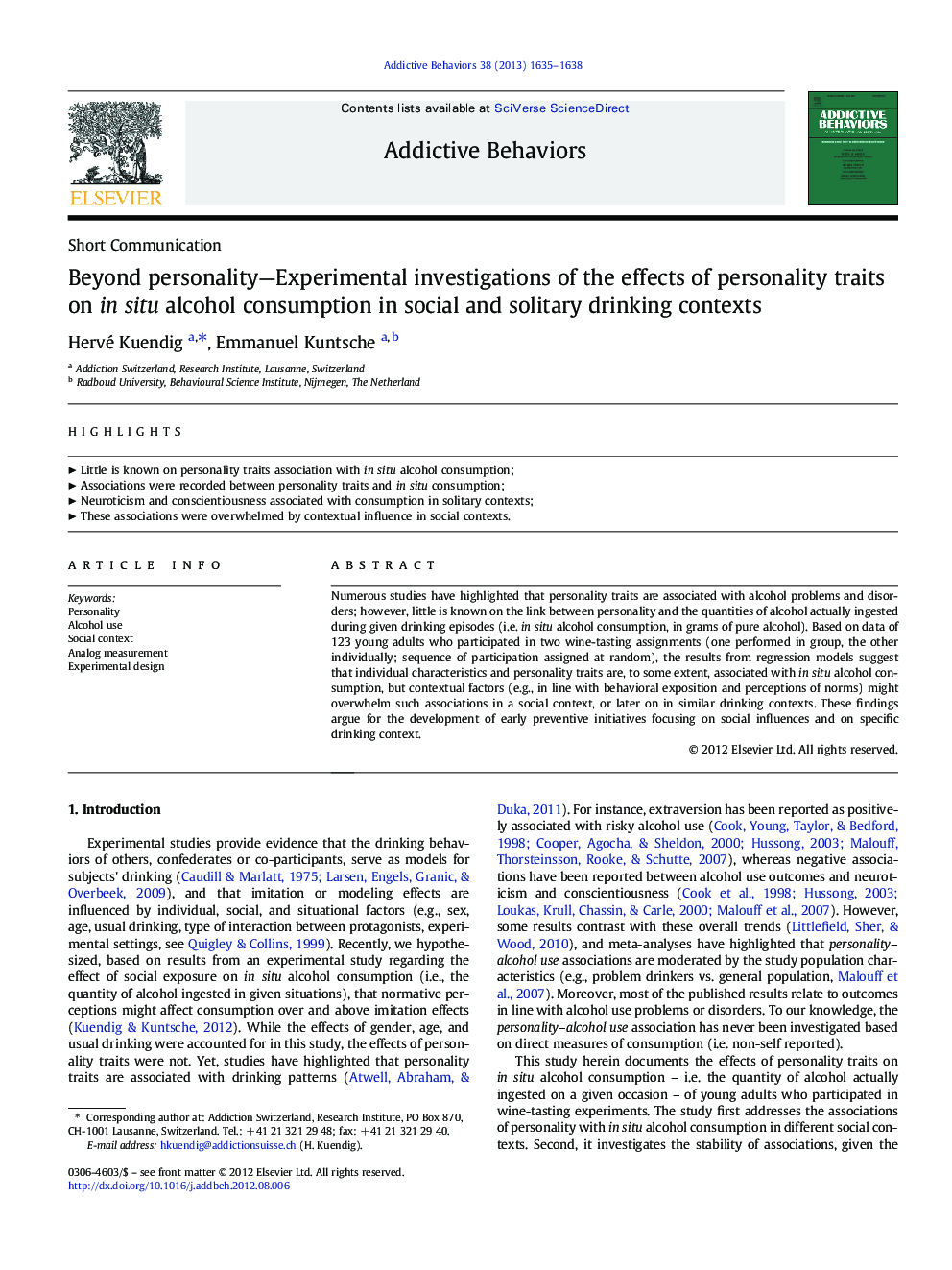 Beyond personality-Experimental investigations of the effects of personality traits on in situ alcohol consumption in social and solitary drinking contexts