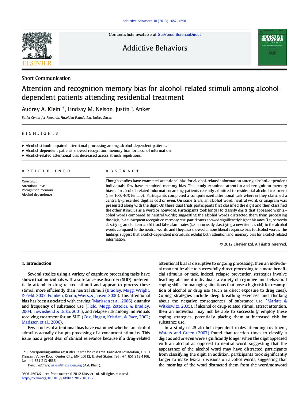 Attention and recognition memory bias for alcohol-related stimuli among alcohol-dependent patients attending residential treatment