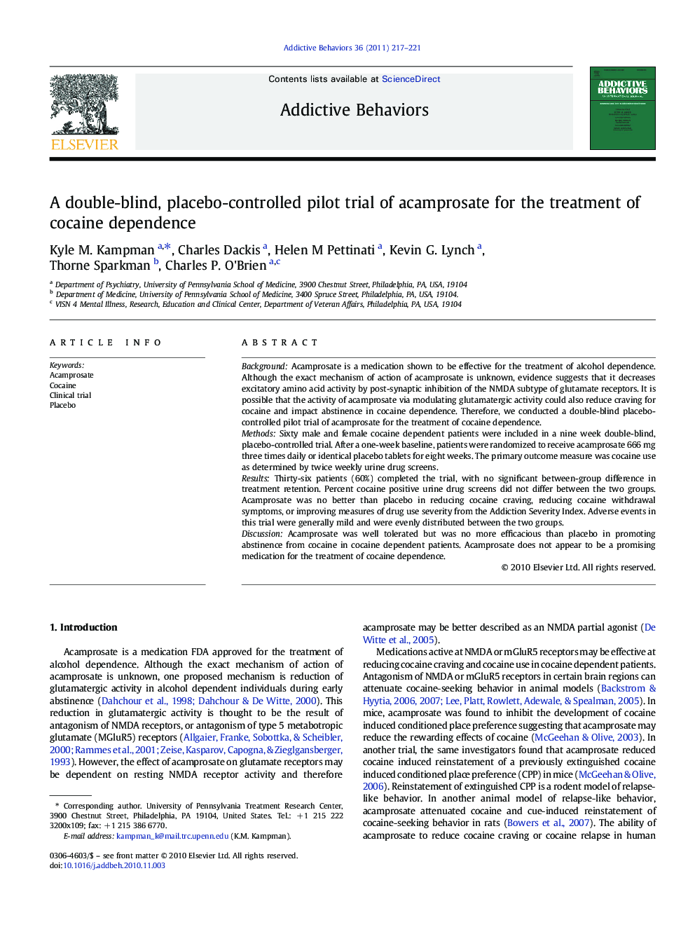 A double-blind, placebo-controlled pilot trial of acamprosate for the treatment of cocaine dependence