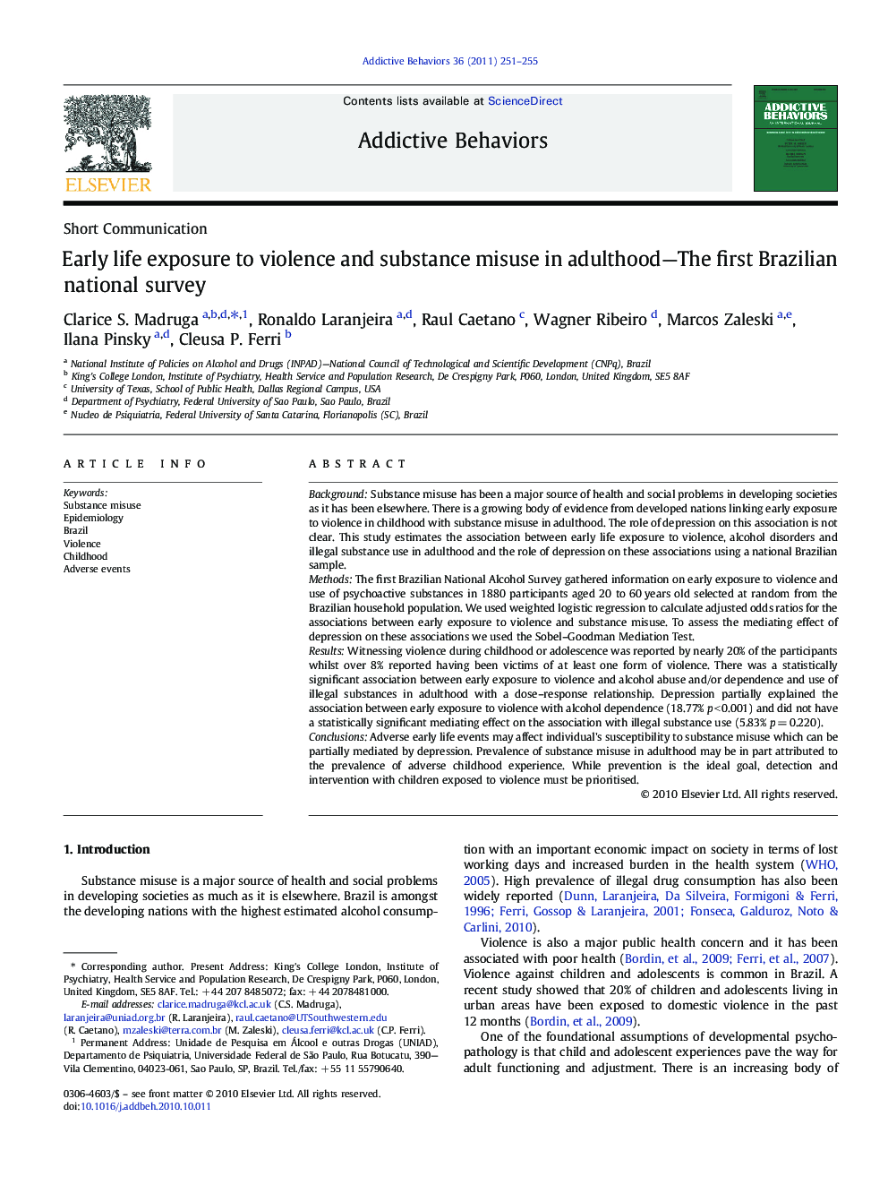 Early life exposure to violence and substance misuse in adulthood-The first Brazilian national survey