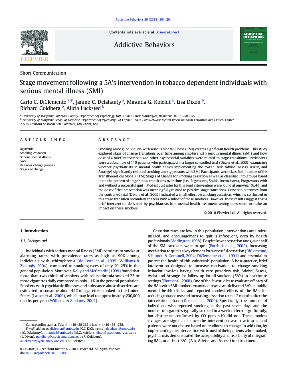 Stage movement following a 5A's intervention in tobacco dependent individuals with serious mental illness (SMI)