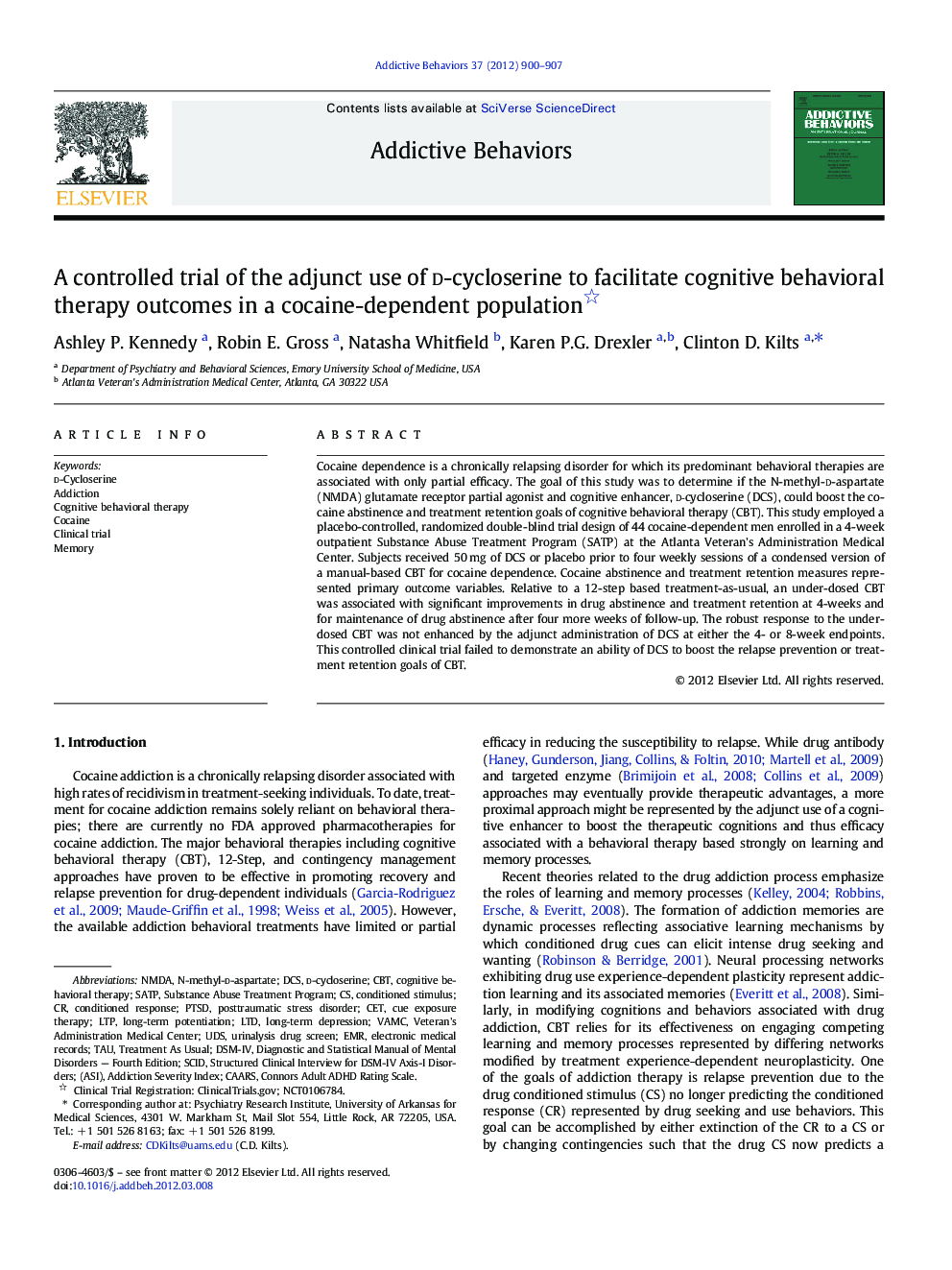 A controlled trial of the adjunct use of d-cycloserine to facilitate cognitive behavioral therapy outcomes in a cocaine-dependent population