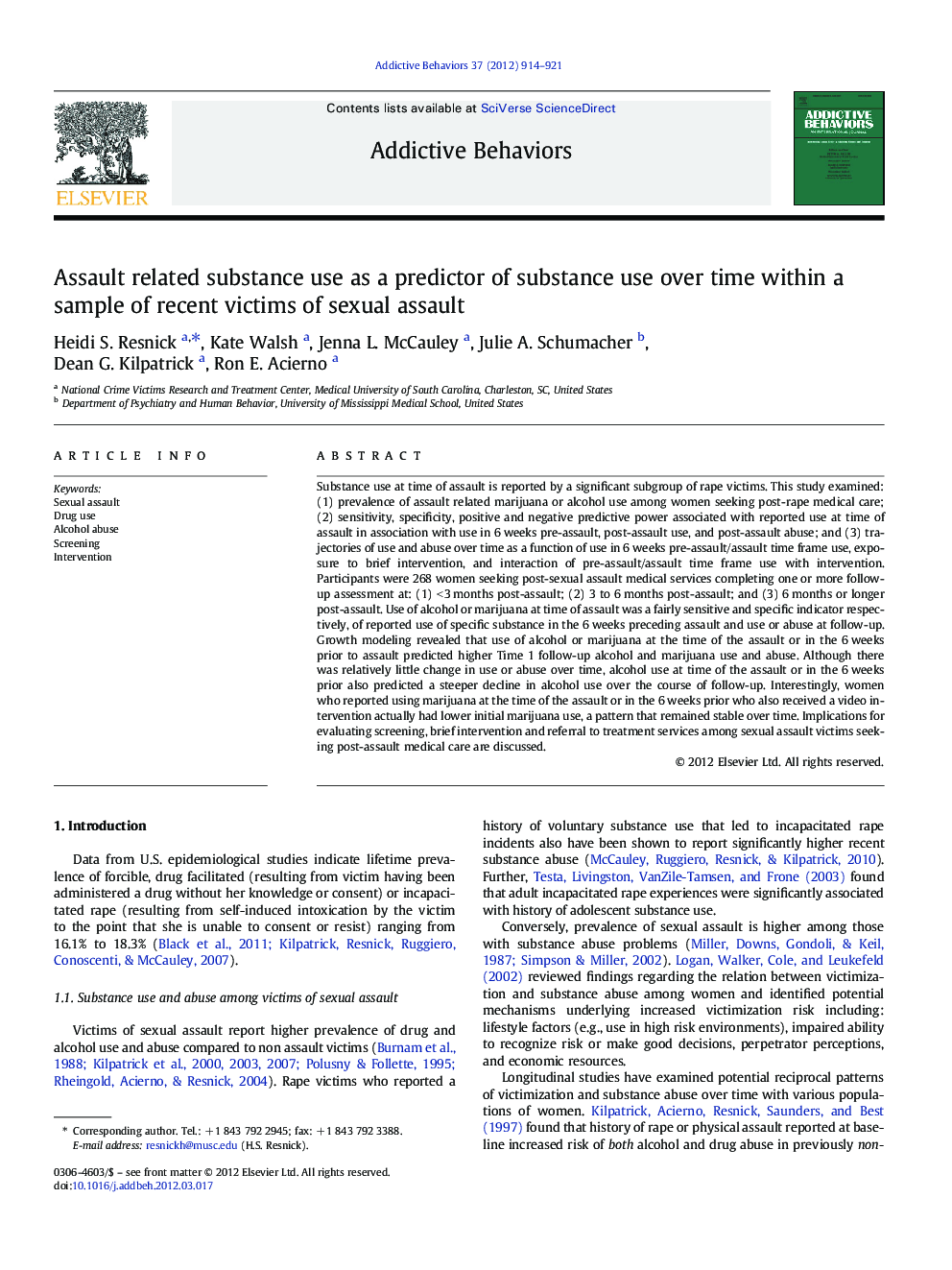 Assault related substance use as a predictor of substance use over time within a sample of recent victims of sexual assault