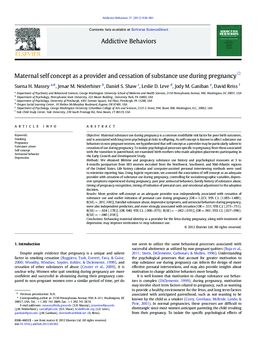 Maternal self concept as a provider and cessation of substance use during pregnancy