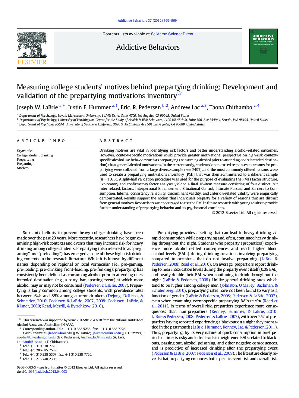 Measuring college students' motives behind prepartying drinking: Development and validation of the prepartying motivations inventory