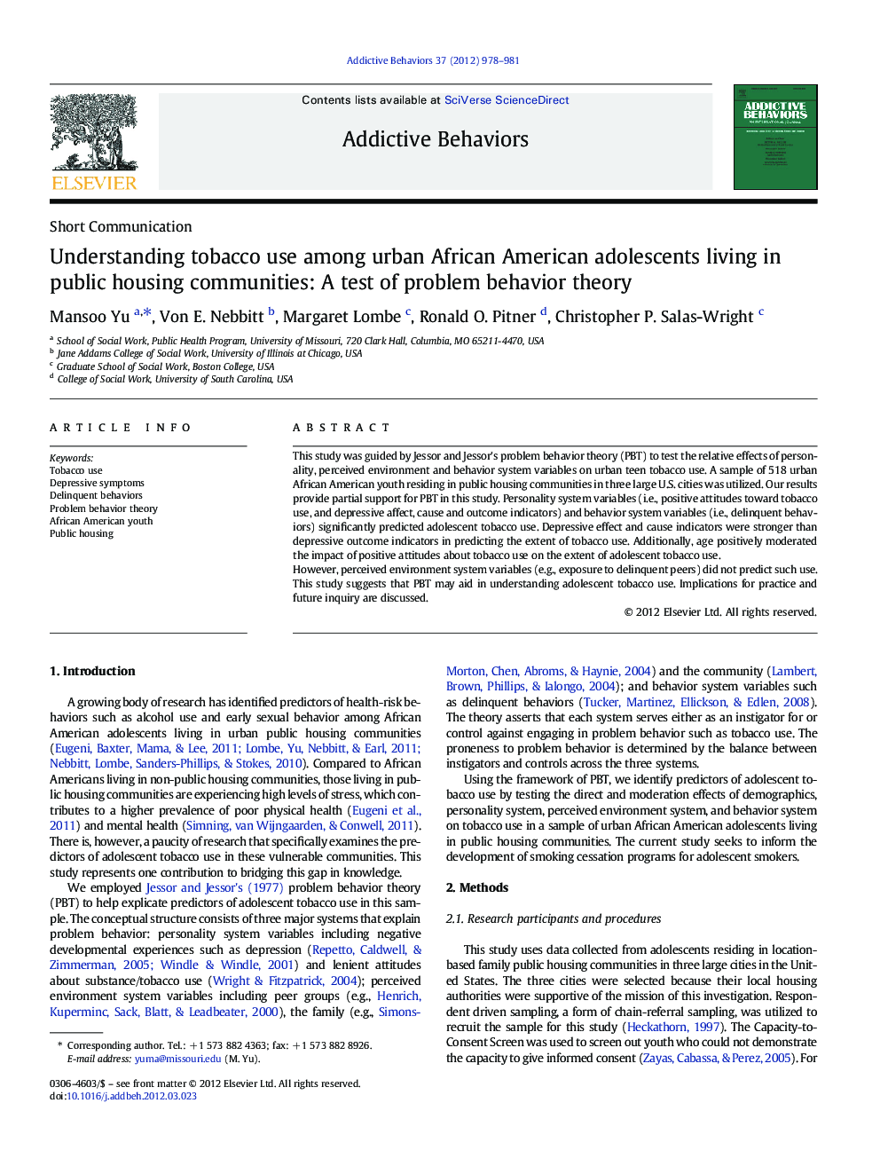 Understanding tobacco use among urban African American adolescents living in public housing communities: A test of problem behavior theory