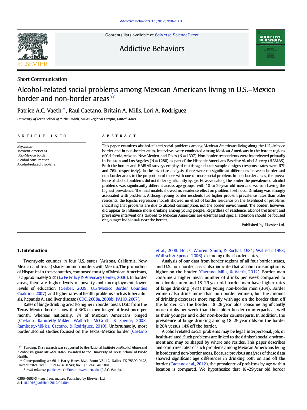 Alcohol-related social problems among Mexican Americans living in U.S.-Mexico border and non-border areas