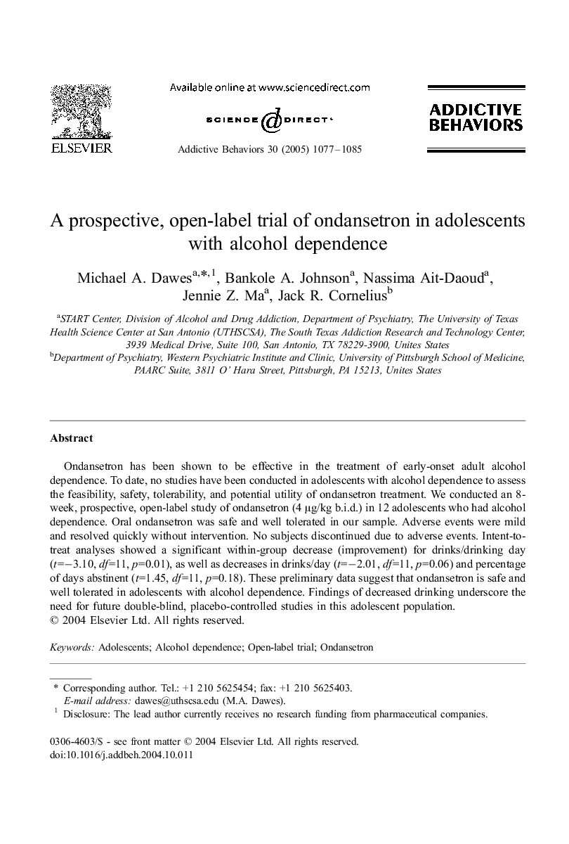 A prospective, open-label trial of ondansetron in adolescents with alcohol dependence