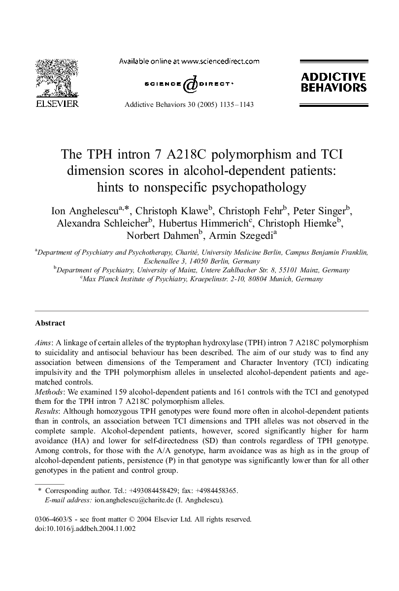 The TPH intron 7 A218C polymorphism and TCI dimension scores in alcohol-dependent patients: hints to nonspecific psychopathology