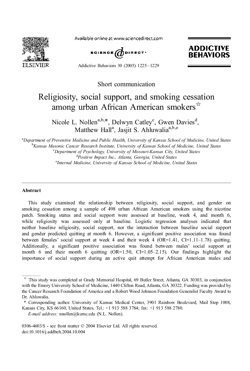Religiosity, social support, and smoking cessation among urban African American smokers
