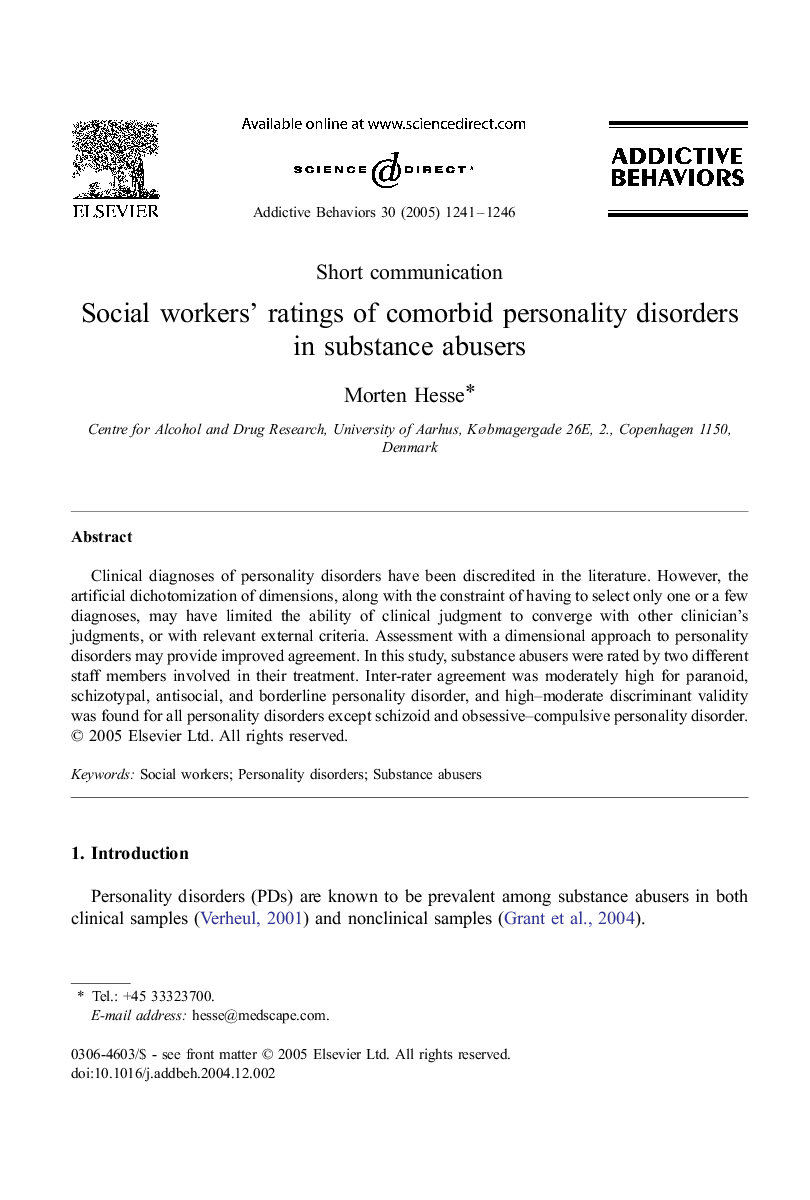 Social workers' ratings of comorbid personality disorders in substance abusers