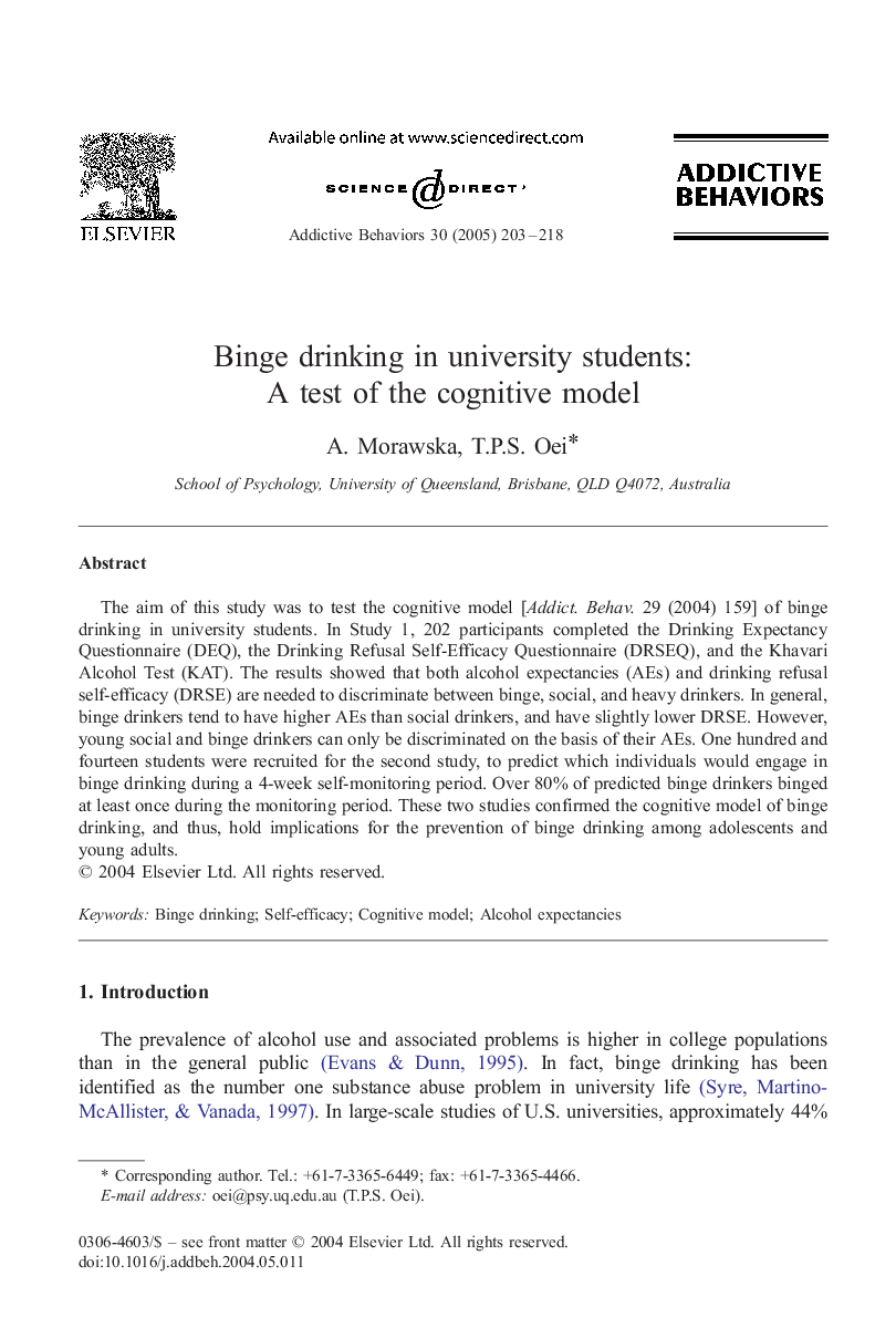 Binge drinking in university students: A test of the cognitive model