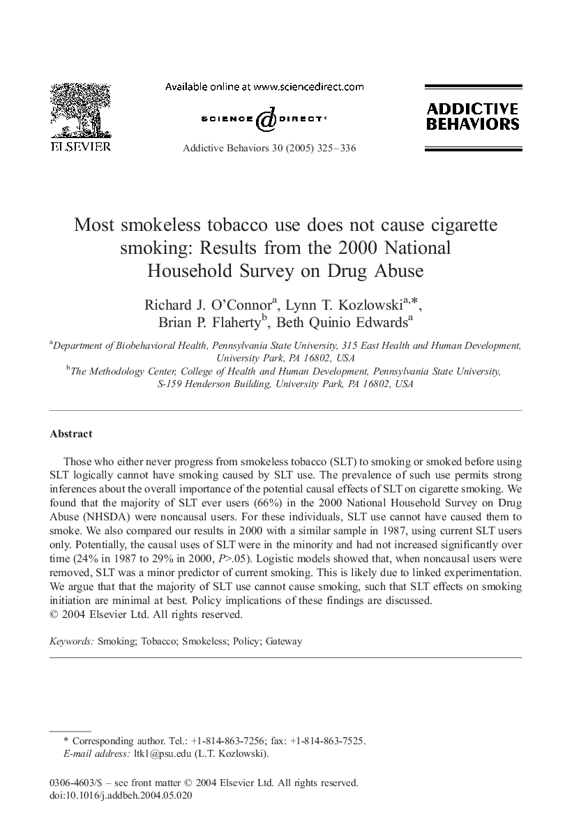 Most smokeless tobacco use does not cause cigarette smoking: Results from the 2000 National Household Survey on Drug Abuse