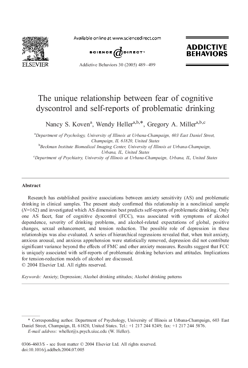 The unique relationship between fear of cognitive dyscontrol and self-reports of problematic drinking