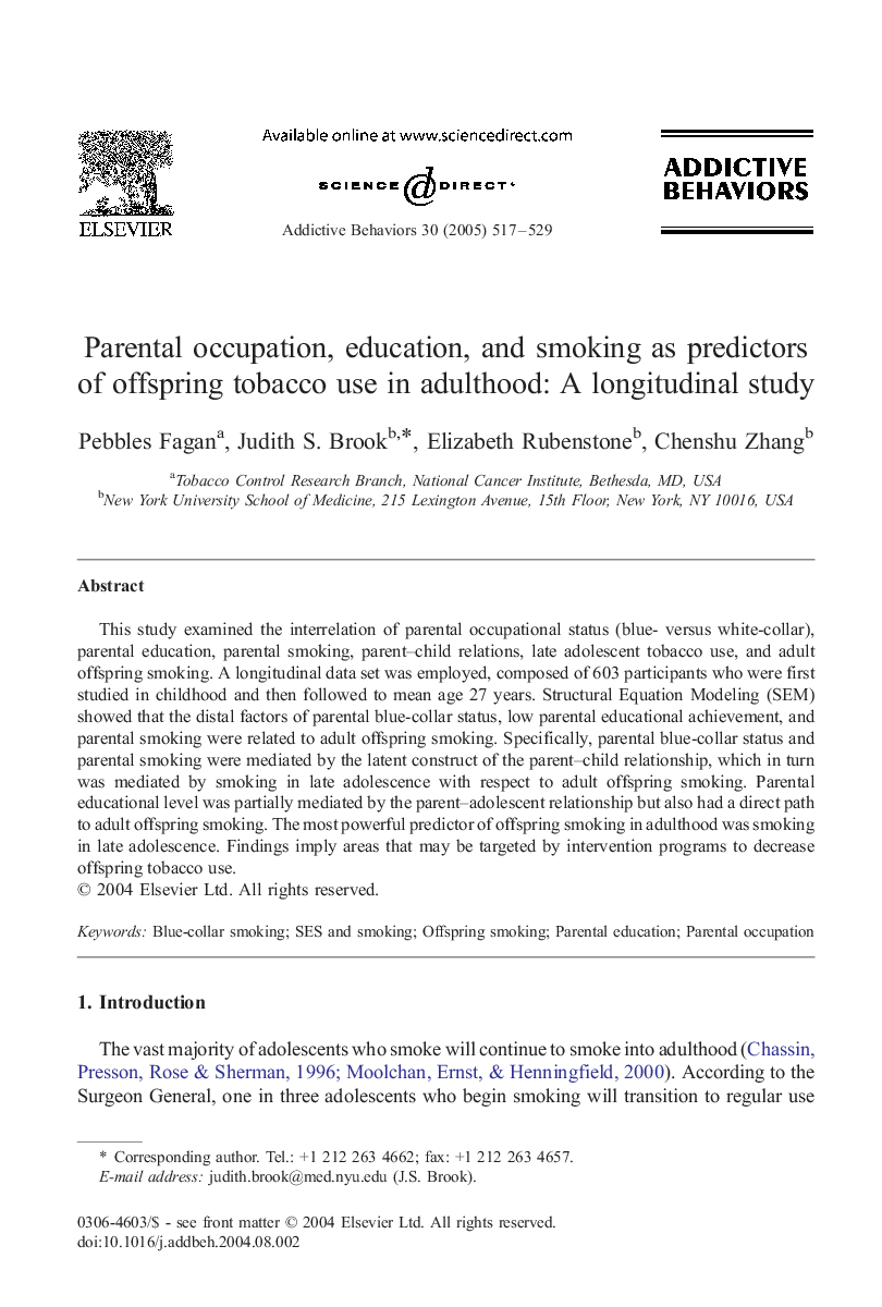 Parental occupation, education, and smoking as predictors of offspring tobacco use in adulthood: A longitudinal study