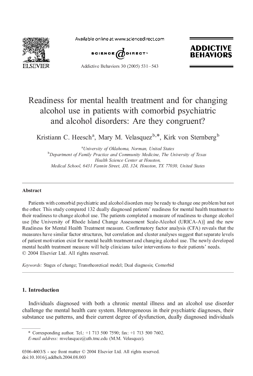 Readiness for mental health treatment and for changing alcohol use in patients with comorbid psychiatric and alcohol disorders: Are they congruent?